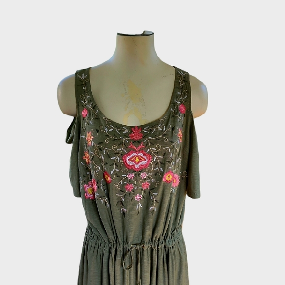 Rafaella Olive Green & Pink Embroidered Floral Print Cold Shoulder Dress Sz XL - Picture 2 of 9